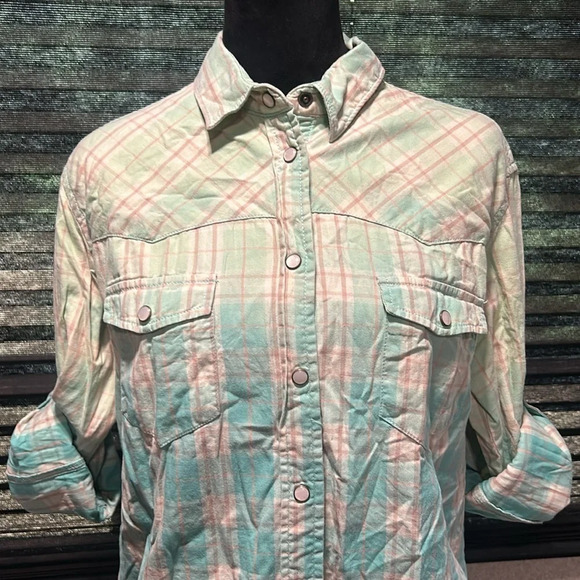 Jachs Girlfriend Women’s Ombré Green Plaid LS Snap Front Cotton‎ Shirt Large - Picture 6 of 9